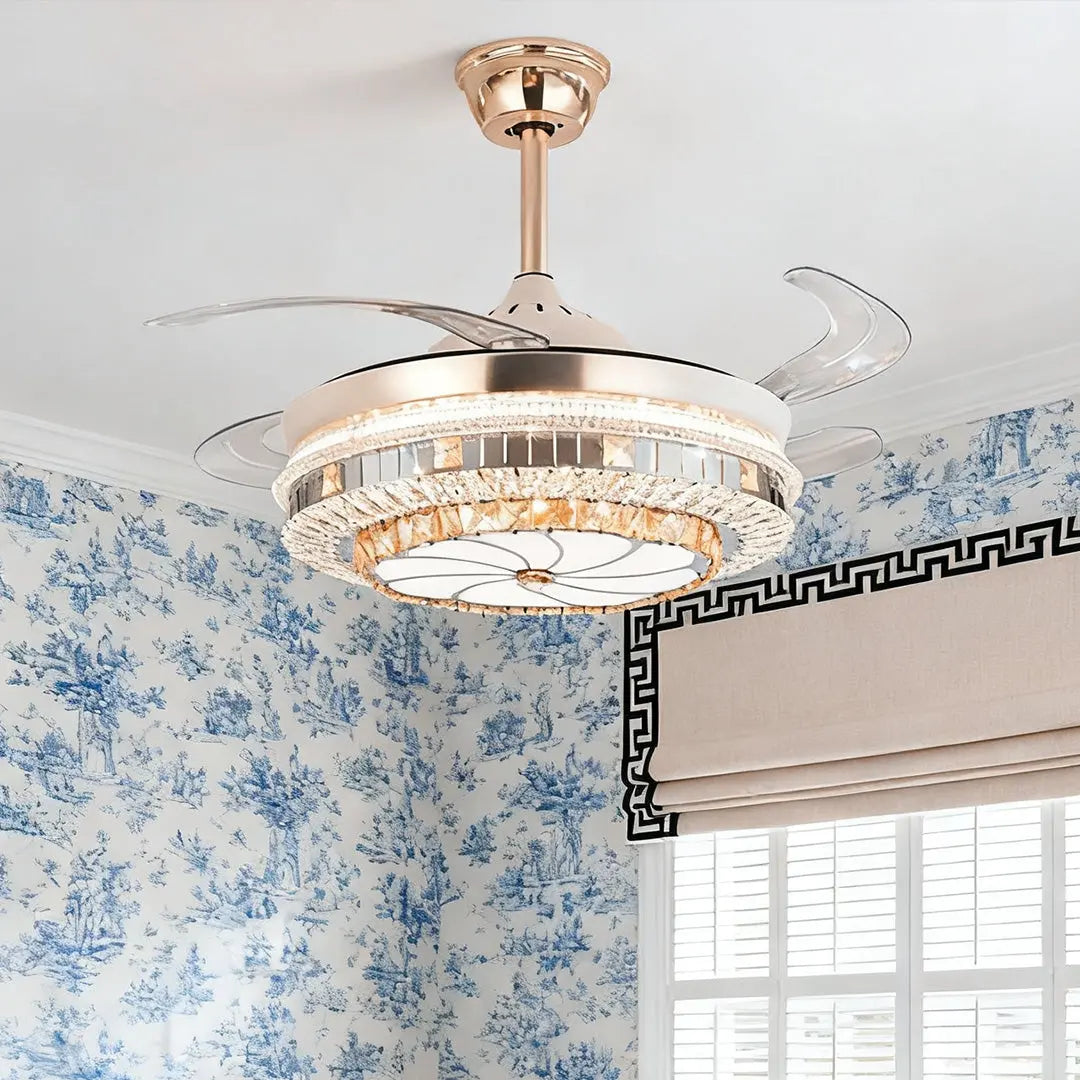 Gold 4-Blade Ceiling Fan with Crystal Light Design and Invisible Lamp Luxe