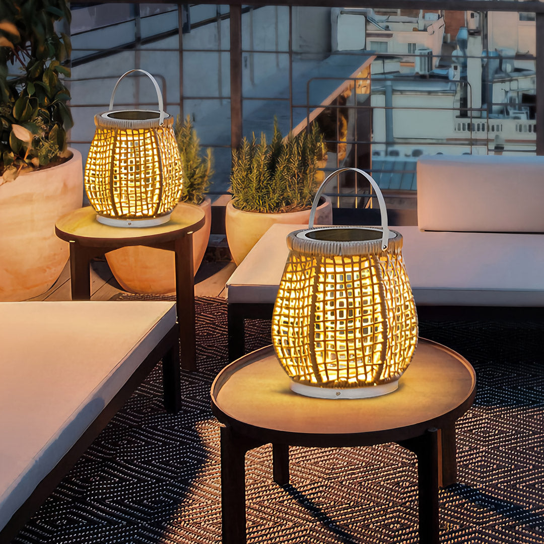 Woven Outdoor Lantern with Handle — Metal & Rattan, Portable, 10W Plug-in / USB Rechargeable / Solar, 4000mAh, IP-Rated