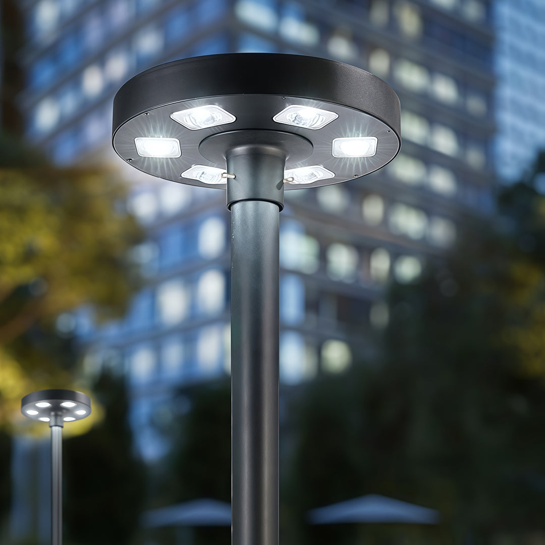 High-Pole Solar Street Light — Black Die-Cast Aluminum, 20W LED, IP65, 20000mAh, Remote Control, Warm or White Light