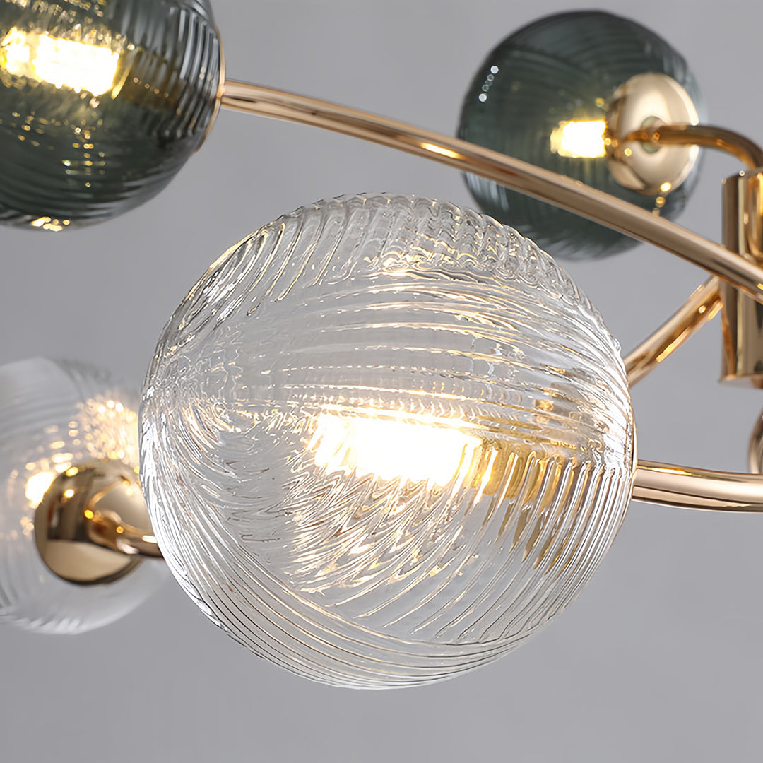 Tree Branch Flush-Mount Chandelier — Gold Iron, Clear Green Glass, 6-Light, 3-Step Dimming