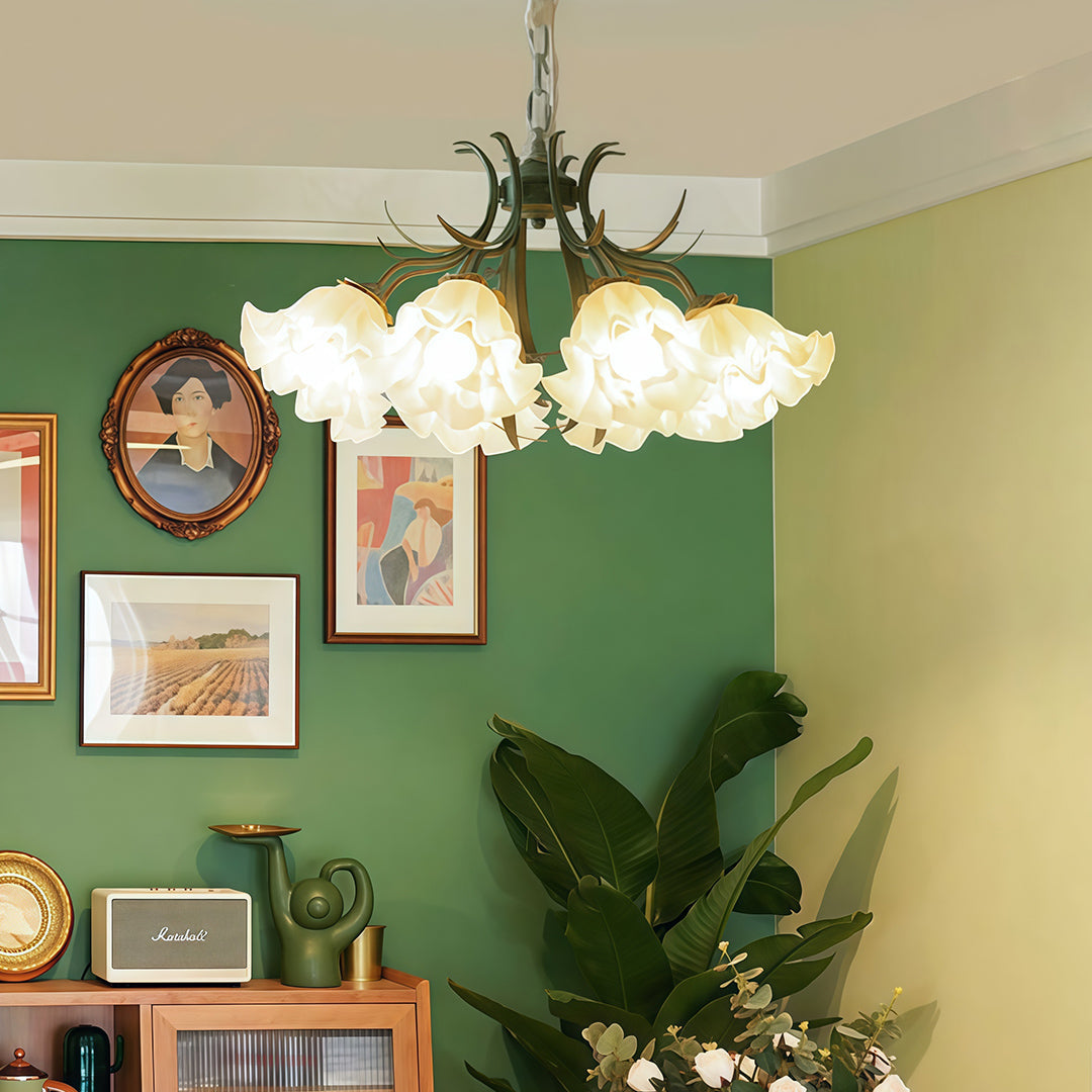 Lily-of-the-Valley Flower Chandelier — Green Iron, 8-Light, Three-Color Dimming, E27, 25.59" Wide