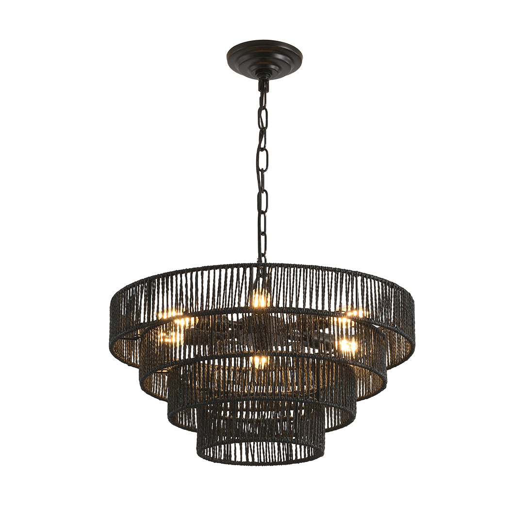 Zen Jute-Rope Chandelier — Iron Frame, Hand-Woven Natural Jute, 6-Light or 8-Light, E12, 59.1" Adjustable Chain