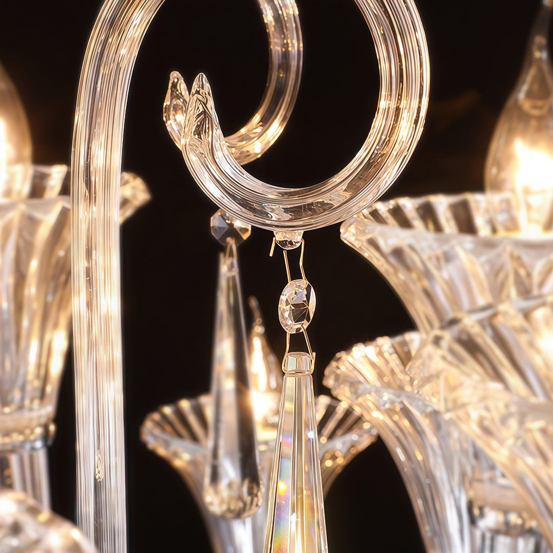French Art Glass Chandelier — Clear Glass & Metal, 3-Step Dimming, E14, 12-Light or 18-Light