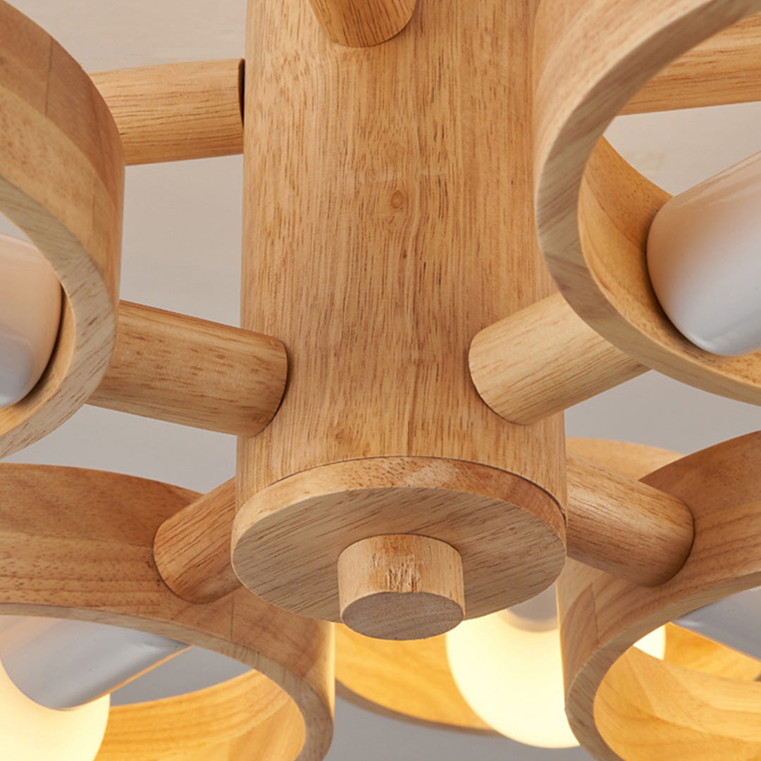 Rubberwood LED Chandelier — E27, Rotatable Shade, 3-Color Dimming, 3-Head / 5-Head / 6-Head / 8-Head
