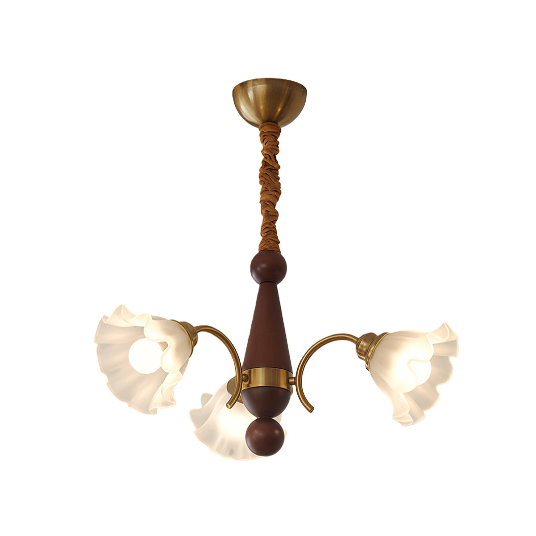 Lily-of-the-Valley Flower Glass Chandelier — Gold & Walnut Iron Frame, 3-Step Dimming, 3/5/8-Light