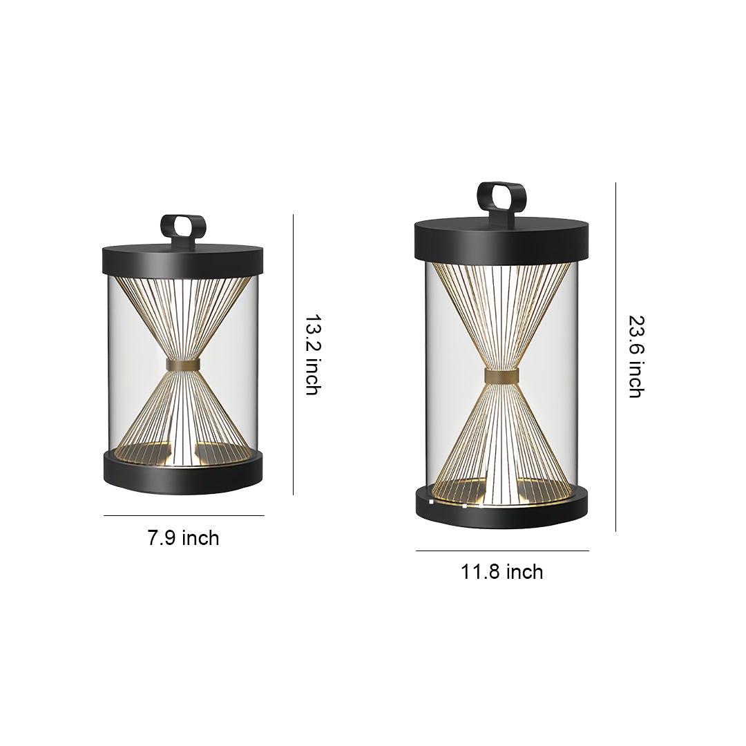 Hourglass Portable Outdoor Lantern — Black Stainless Steel, IP65, Plug-in or Solar, 13.2" / 23.6"