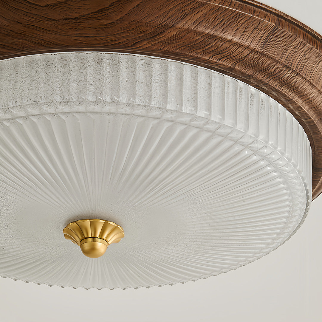 Art Deco Flush-Mount Ceiling Light — Walnut-Tone Iron, Transparent Glass, Full-Spectrum LED, 3-Step Dimming (3000K/4500K/6000K)