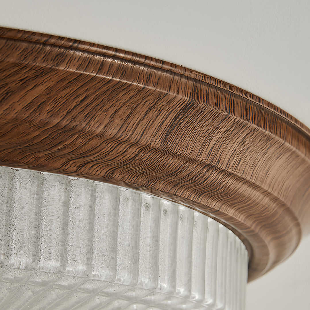 Art Deco Flush-Mount Ceiling Light — Walnut-Tone Iron, Transparent Glass, Full-Spectrum LED, 3-Step Dimming (3000K/4500K/6000K)