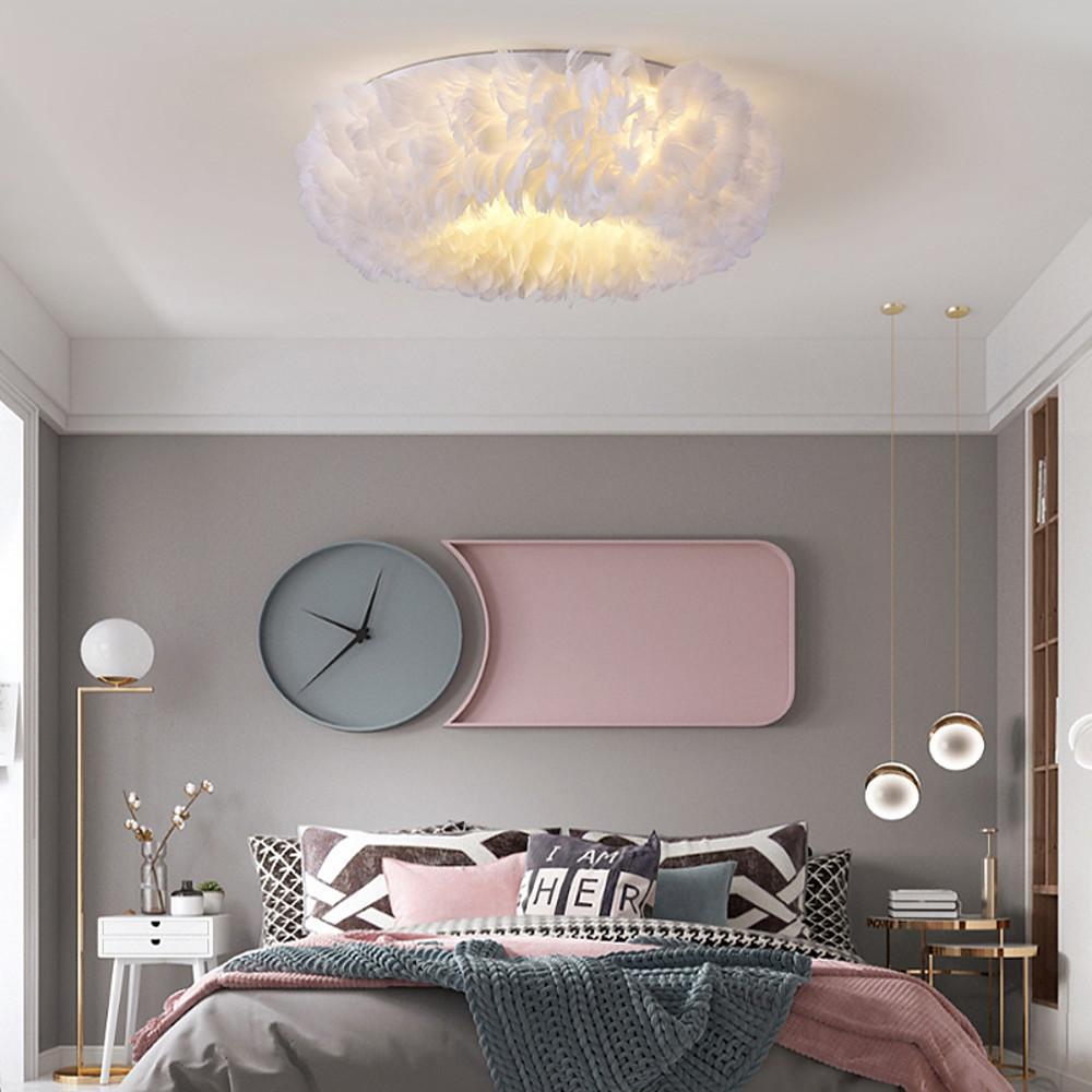 Round Feather Flush-Mount Chandelier — Metal, E27 LED, 3-Step Dimming, 6-Light or 8-Light, 20"–28"