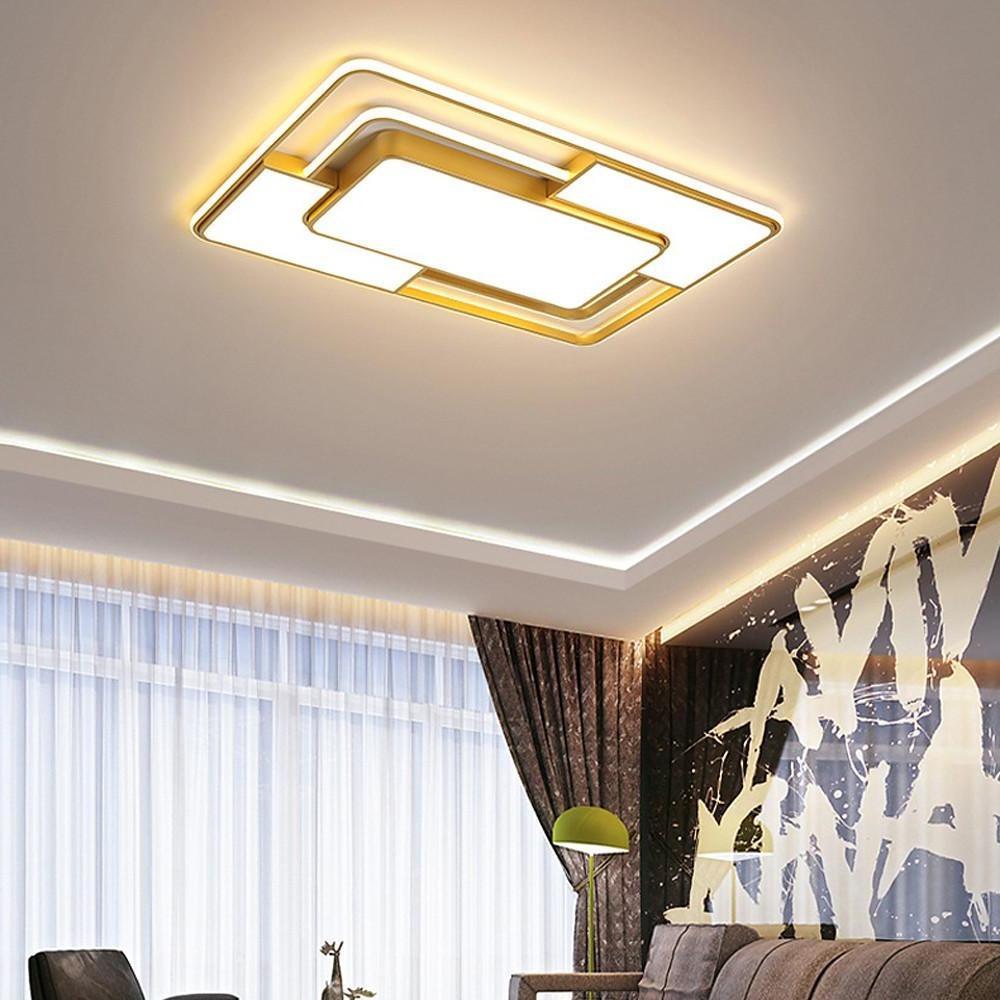 Square Geometric LED Flush-Mount Ceiling Light — Acrylic, 3-Step Dimming, Remote Control, Black or Gold