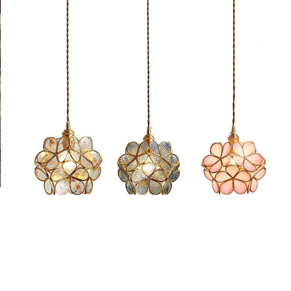 Flower Pattern Glass Mini Pendant — Copper, 8" Diameter, Adjustable 39" Cord