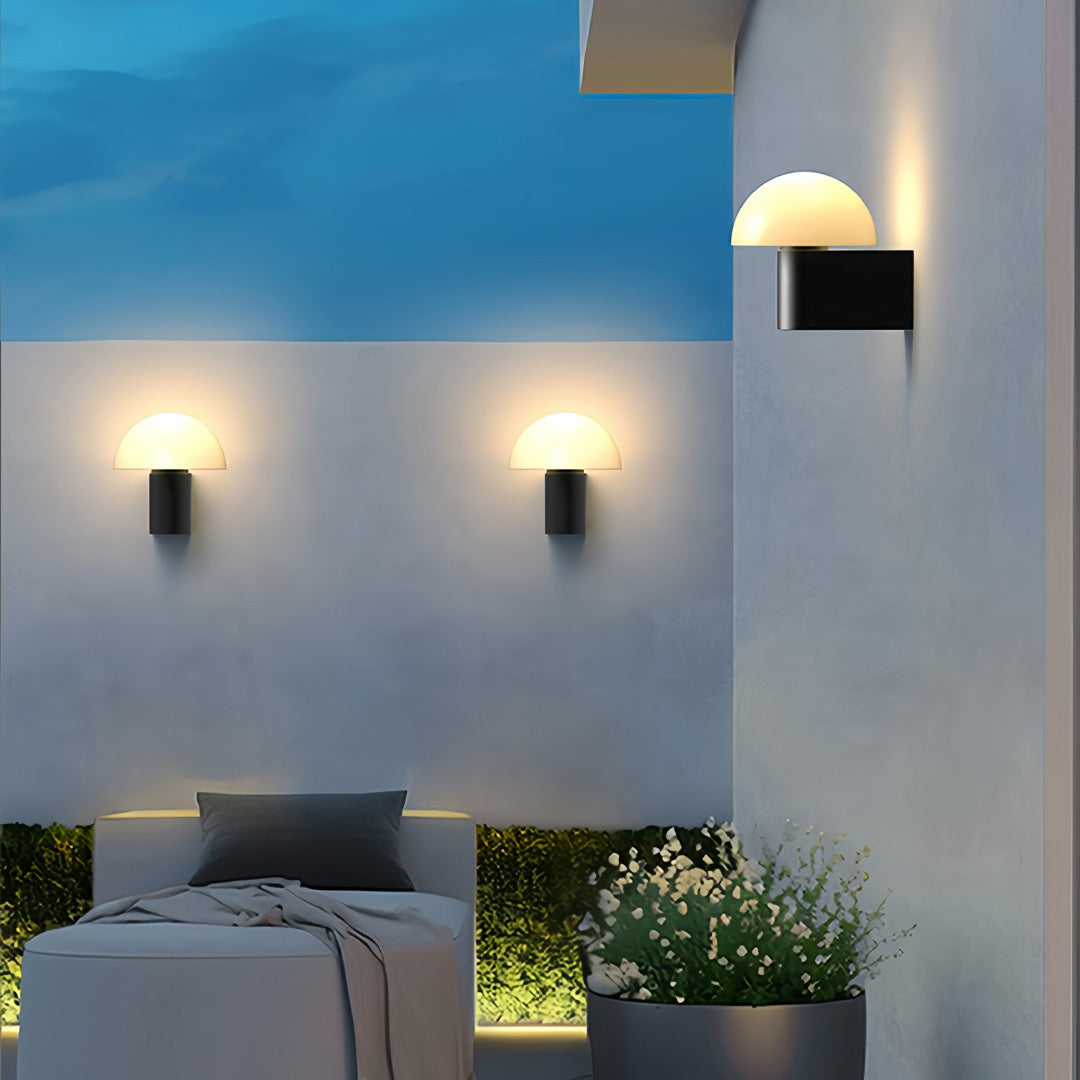 Geometric Hemisphere Outdoor Wall Sconce — Black Stainless Steel, Frosted Glass, 1-Light, IP65, Hardwired