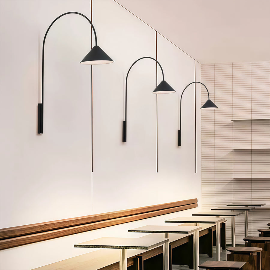 Long-Arm Wall Sconce — Black Iron, E14, Interchangeable Round Glass or Trumpet Shade, Three-Step Dimming, Hardwired