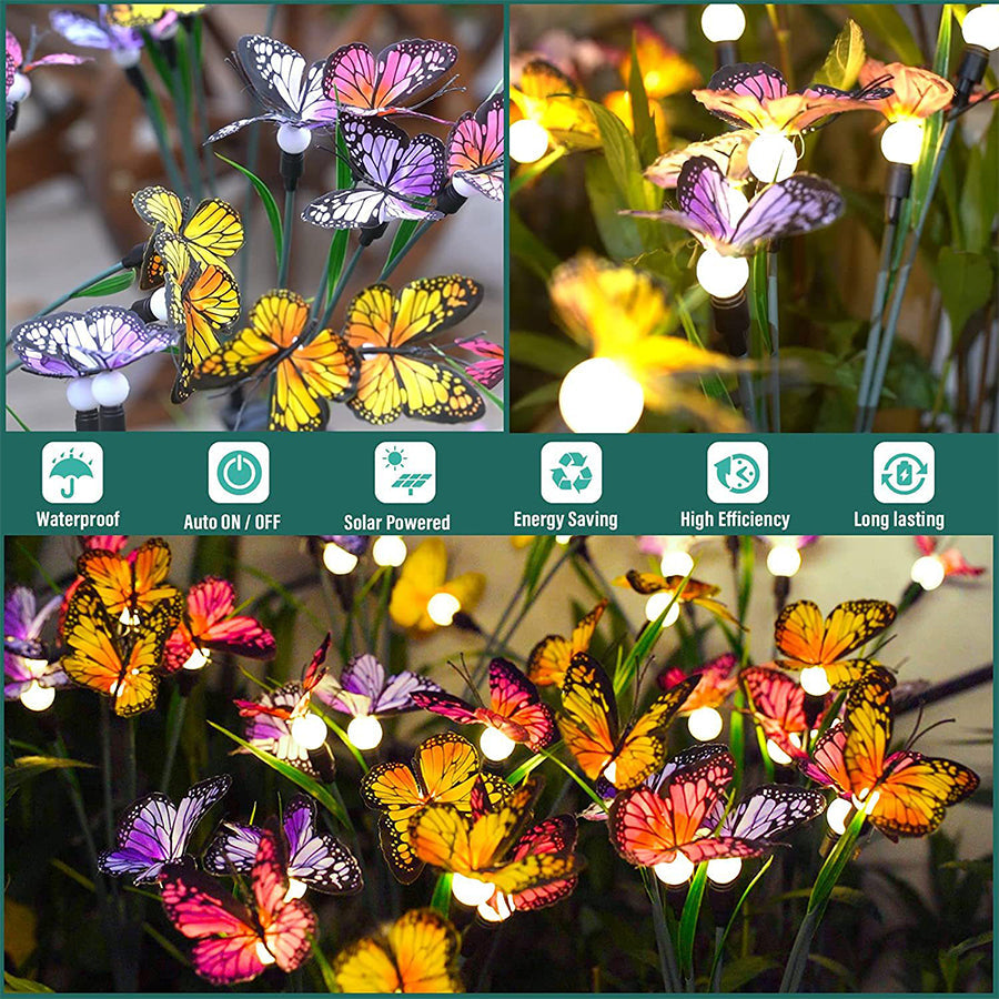 Six-Head Butterfly Solar Garden Stake Light — Fabric Butterflies, LED Warm White, Dusk-to-Dawn, IP65 Weatherproof