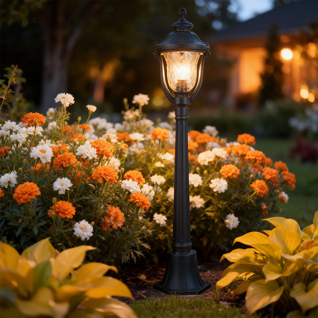 Classic Bollard Outdoor Post Light — Coffee Aluminum, Glass Shade, 12W E26, IP44, 45"H