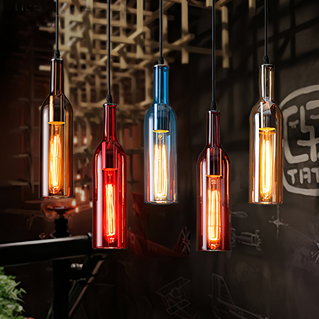 Wine Bottle Mini Pendant — Iron and Colored Glass, 3W LED Filament, Single or 5-Light Long-Plate, 8 Colors