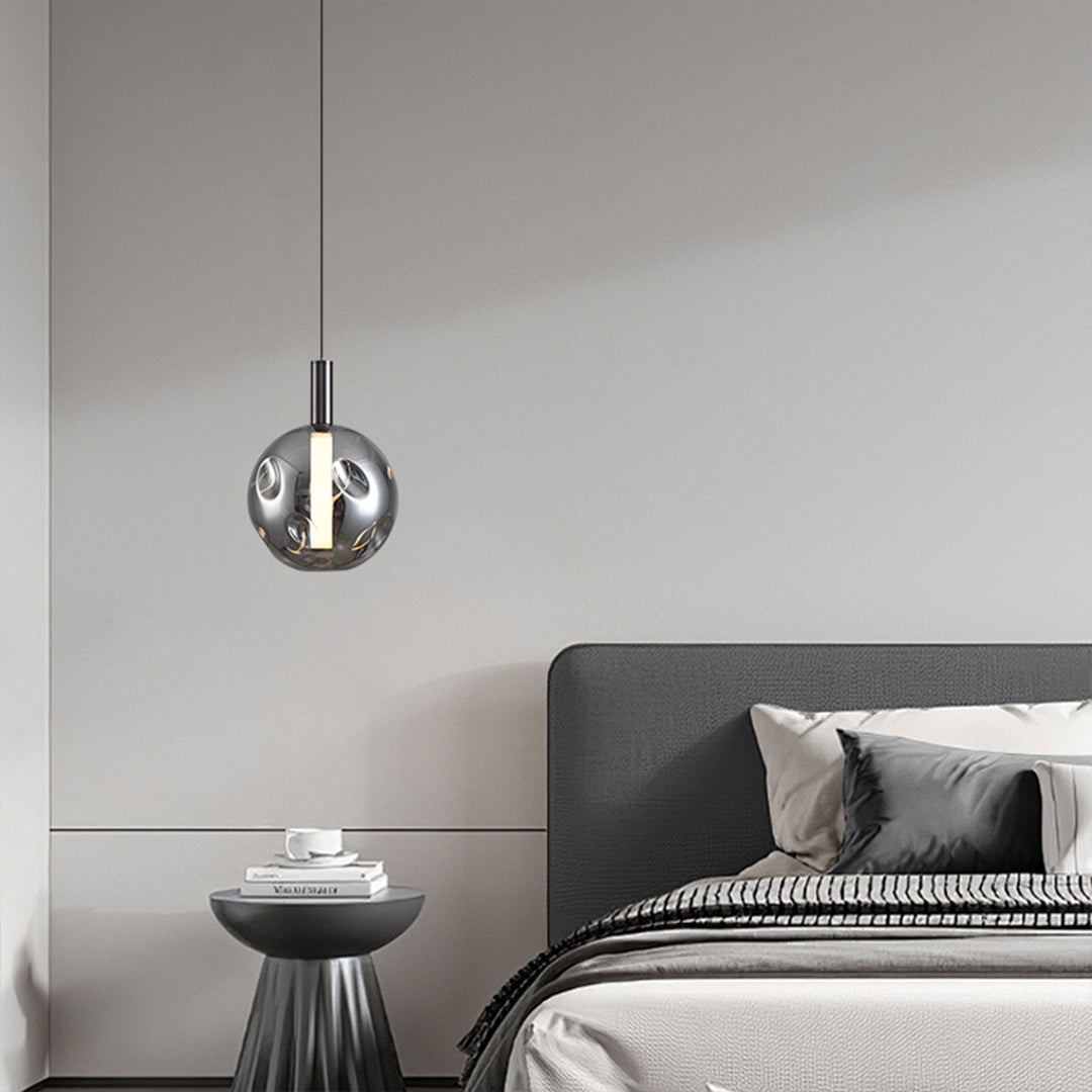 Minimalist Branch Drum Pendant Light — Wrought Iron, Smoke Grey Glass, Three-Color Dimming, Adjustable Chain