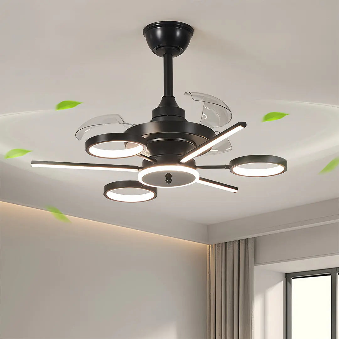 French Vintage Black Iron Ceiling Fan with Three Blades and Multiple Lights Luxe
