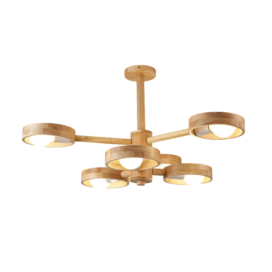 Rubberwood LED Chandelier — E27, Rotatable Shade, 3-Color Dimming, 3-Head / 5-Head / 6-Head / 8-Head