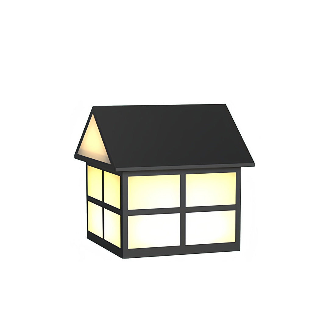 House-Shaped Gate Pillar Top Light — Black Stainless Steel, 5W LED, Solar or Hardwired, IP65, 3 Sizes