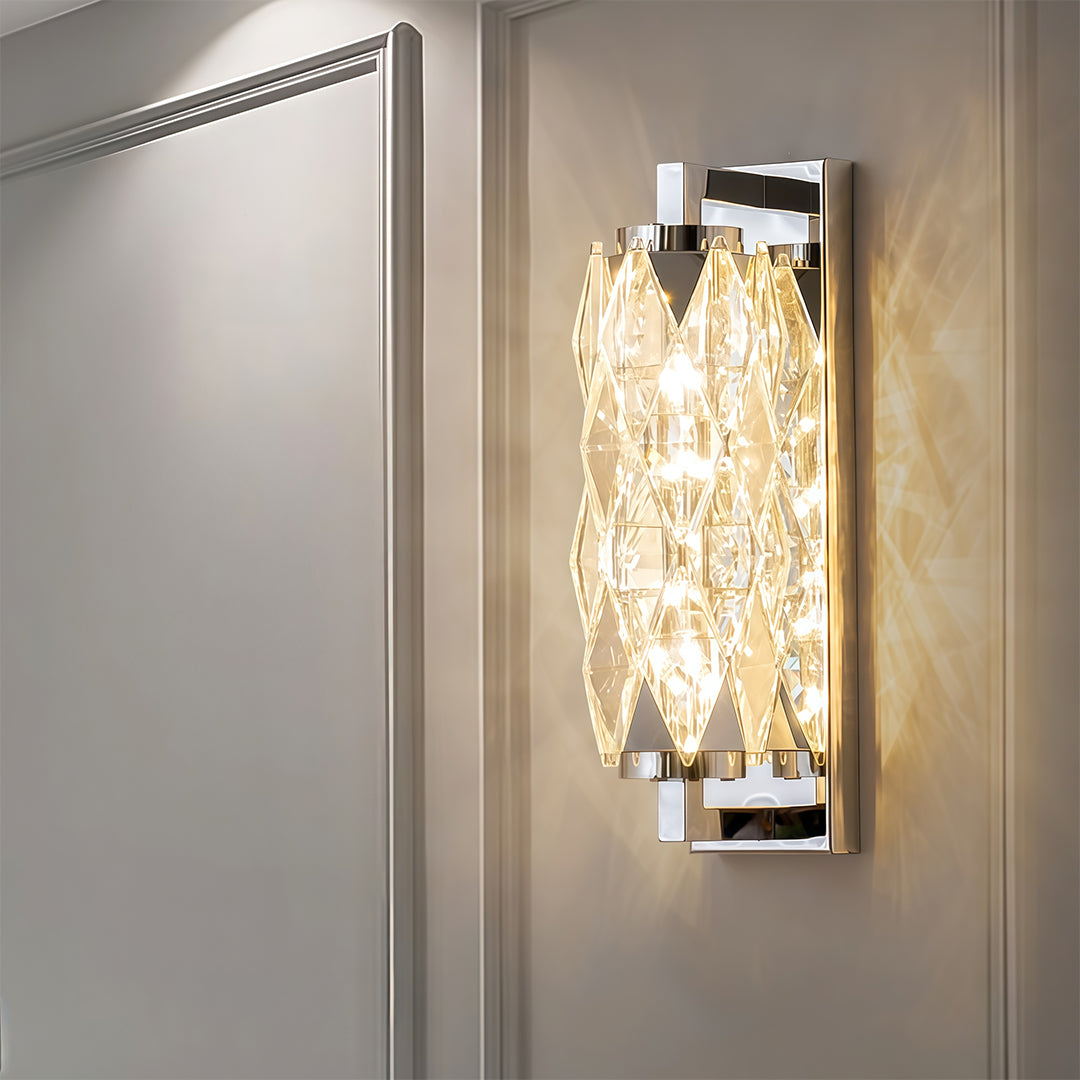 Geometric Crystal Wall Sconce — Stainless Steel, LED, 3-Step Dimming (3000K/4500K/6000K), Small 7W or Large 24W