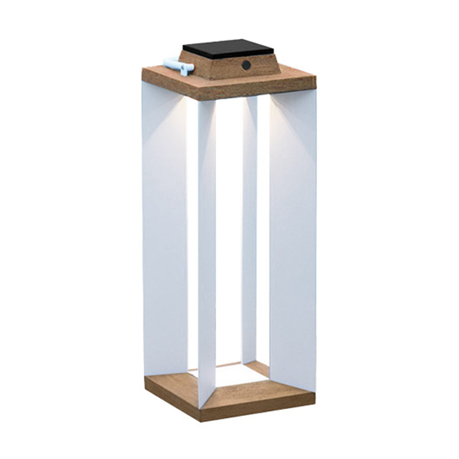 Modern Wood-Grain Outdoor Lantern — Stainless Steel, Solar / USB, 12W LED, 3000K, IP65, Dusk-to-Dawn, 16.9" or 25.6"