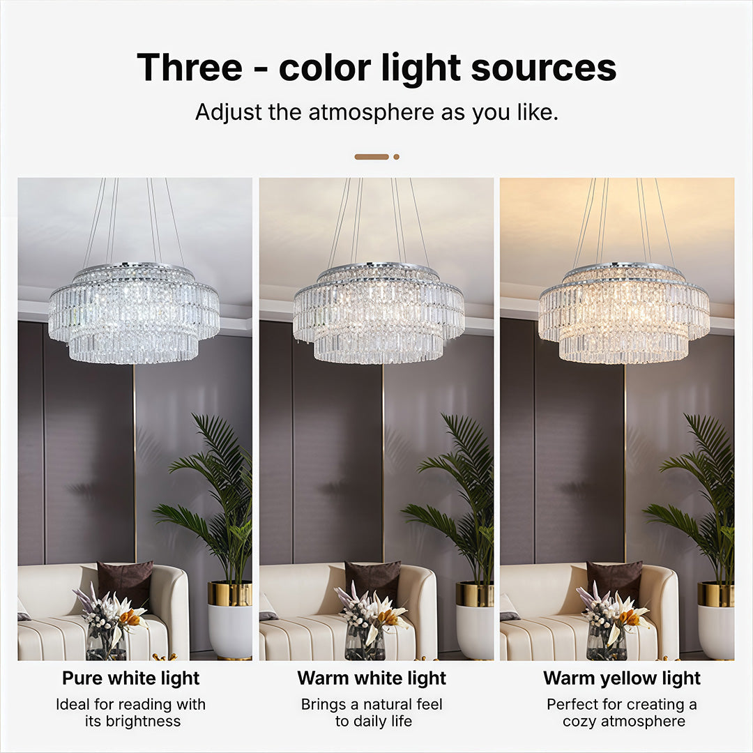 Minimalist Round Crystal Chandelier — Stainless Steel, E14, Three-Color Dimming, Adjustable Hang, 60cm / 80cm / 120cm