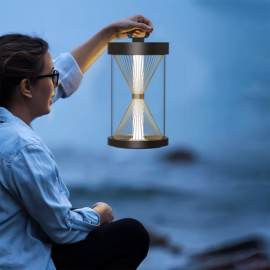 Hourglass Portable Outdoor Lantern — Black Stainless Steel, IP65, Plug-in or Solar, 13.2" / 23.6"