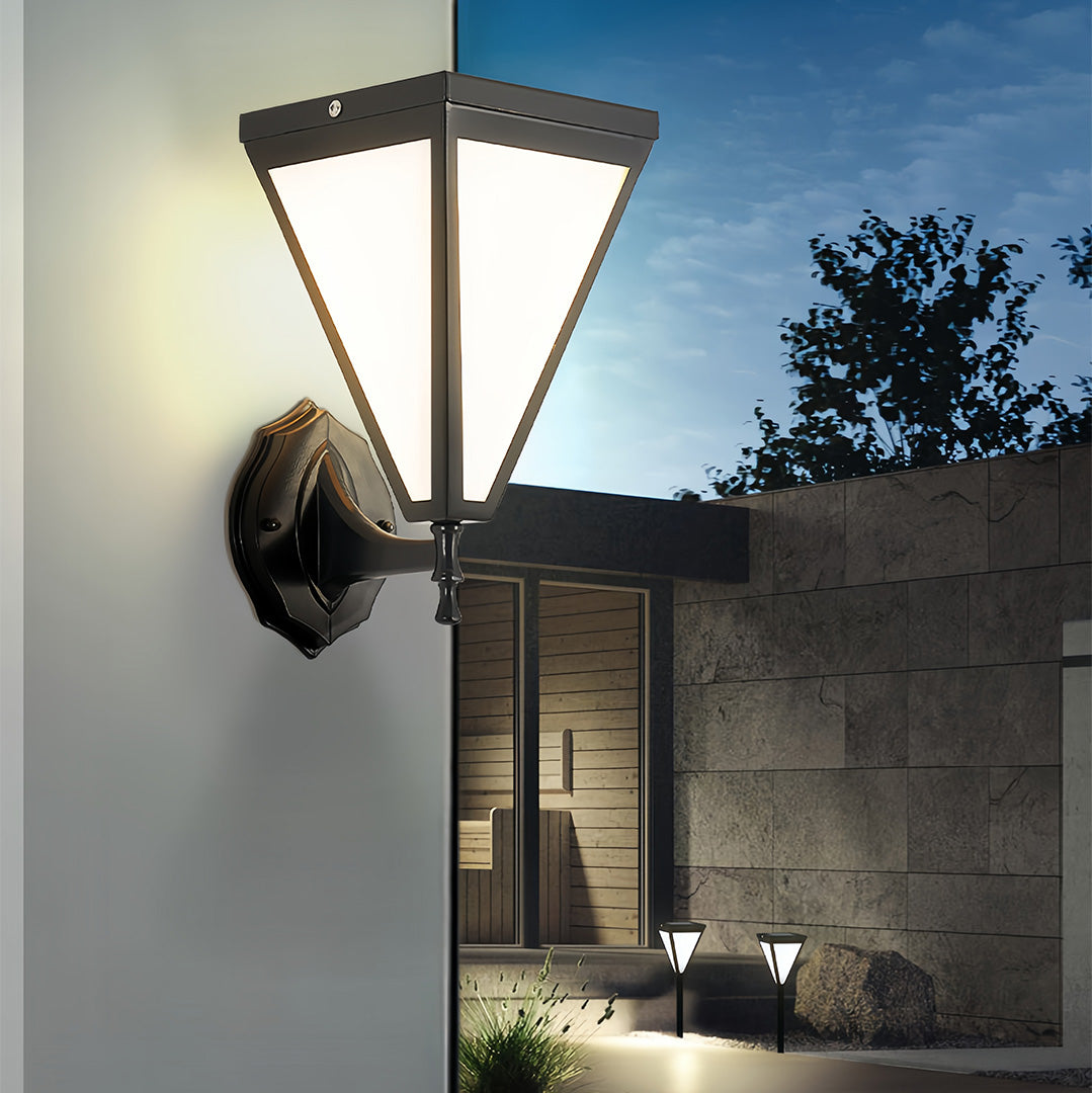 Minimalist Solar Outdoor Wall Sconce — Iron, White Acrylic Shade, 5W LED, 2200mAh, IP65, Remote Control