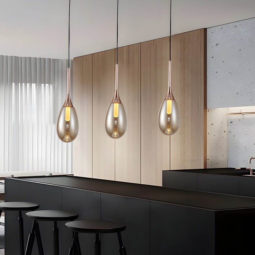 contemporary 1 light led pendant light with teardrop glass in amber and smoke gray
