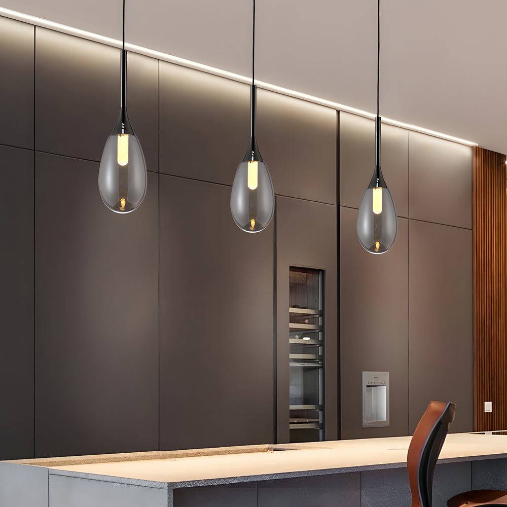 contemporary 1 light led pendant light with teardrop glass in amber and smoke gray