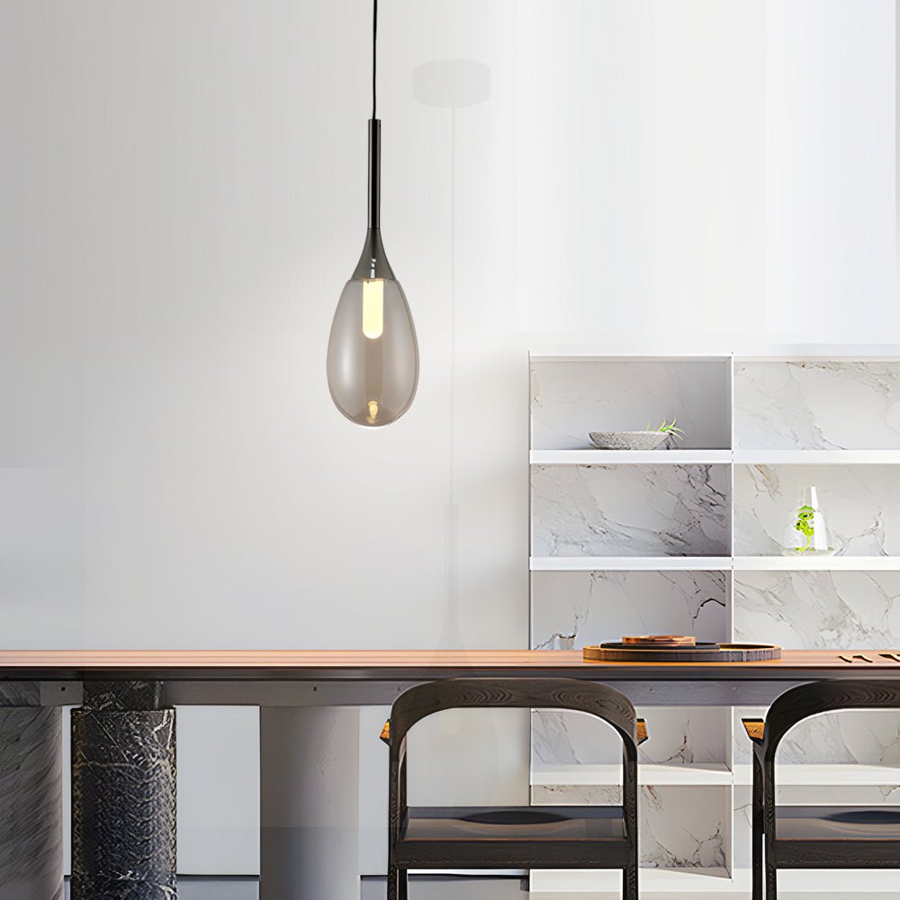 contemporary 1 light led pendant light with teardrop glass in amber and smoke gray
