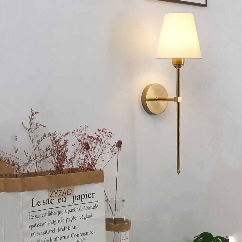 contemporary 1 light wall sconce in black and gold with white linen fabric shade