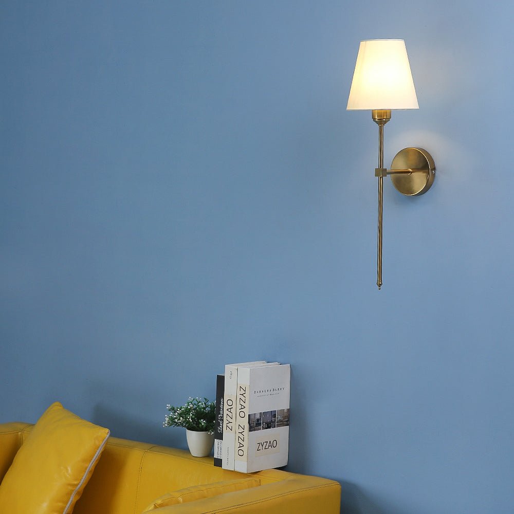 contemporary 1 light wall sconce in black and gold with white linen fabric shade