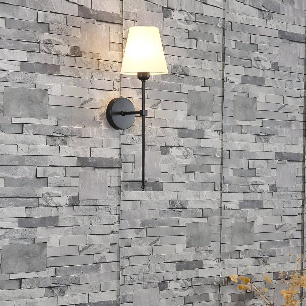 contemporary 1 light wall sconce in black and gold with white linen fabric shade