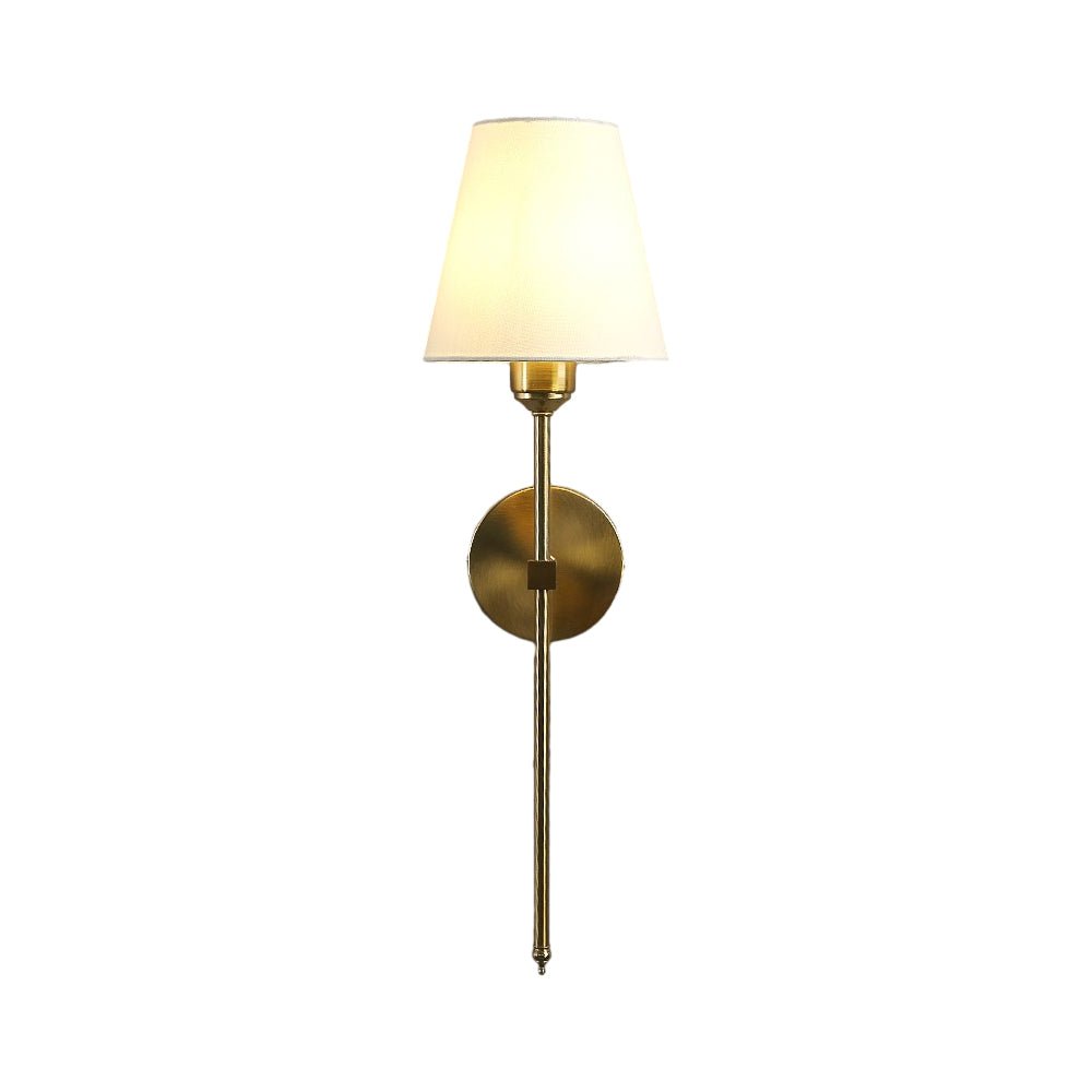 contemporary 1 light wall sconce in black and gold with white linen fabric shade