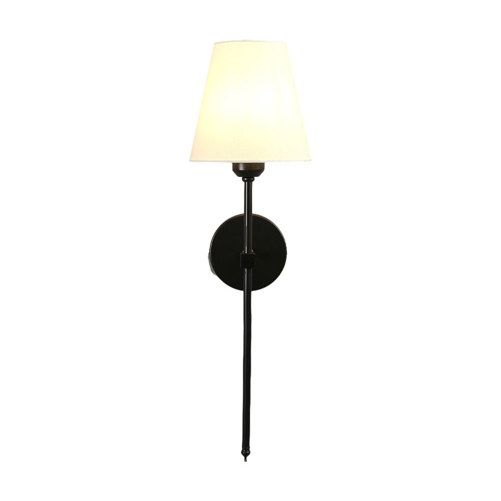 contemporary 1 light wall sconce in black and gold with white linen fabric shade