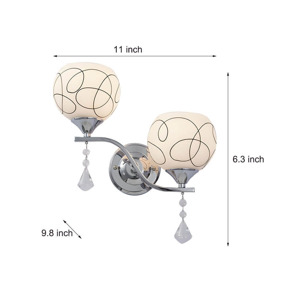 contemporary 2 light wall sconce in open sphere design with crystal pendants