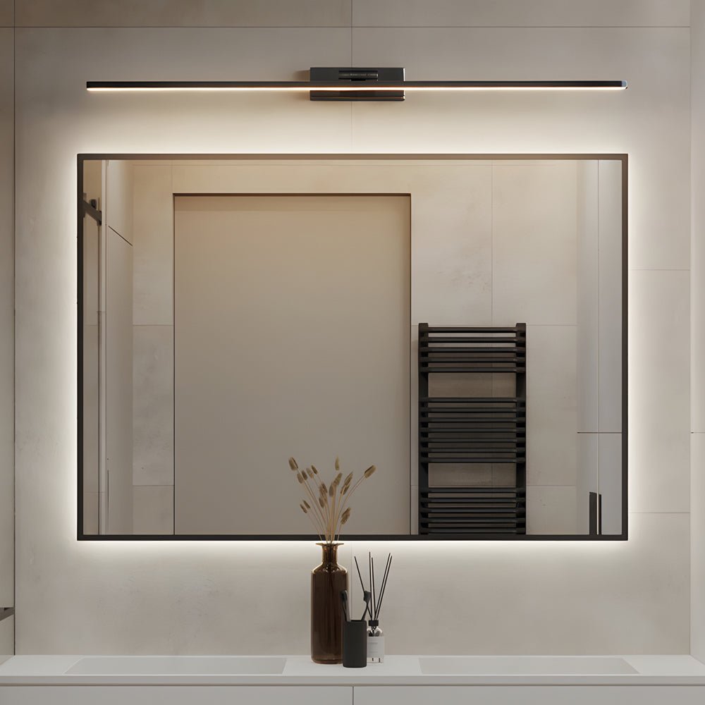 contemporary adjustable led bathroom vanity light in copper with rotatable rod and linear acrylic shade