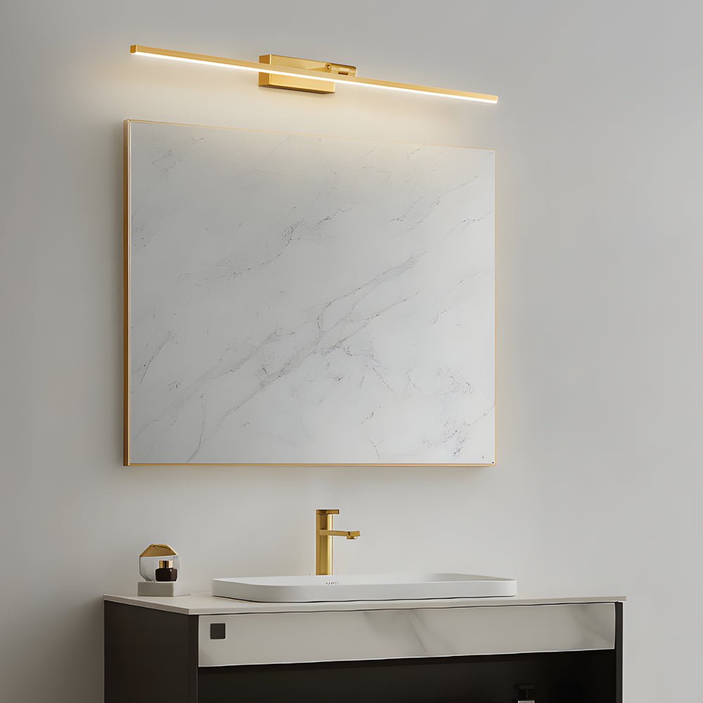 contemporary adjustable led bathroom vanity light in copper with rotatable rod and linear acrylic shade