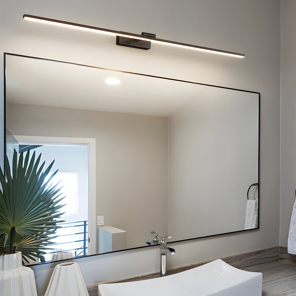contemporary adjustable led bathroom vanity light in copper with rotatable rod and linear acrylic shade