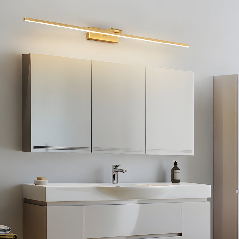 contemporary adjustable led bathroom vanity light in copper with rotatable rod and linear acrylic shade