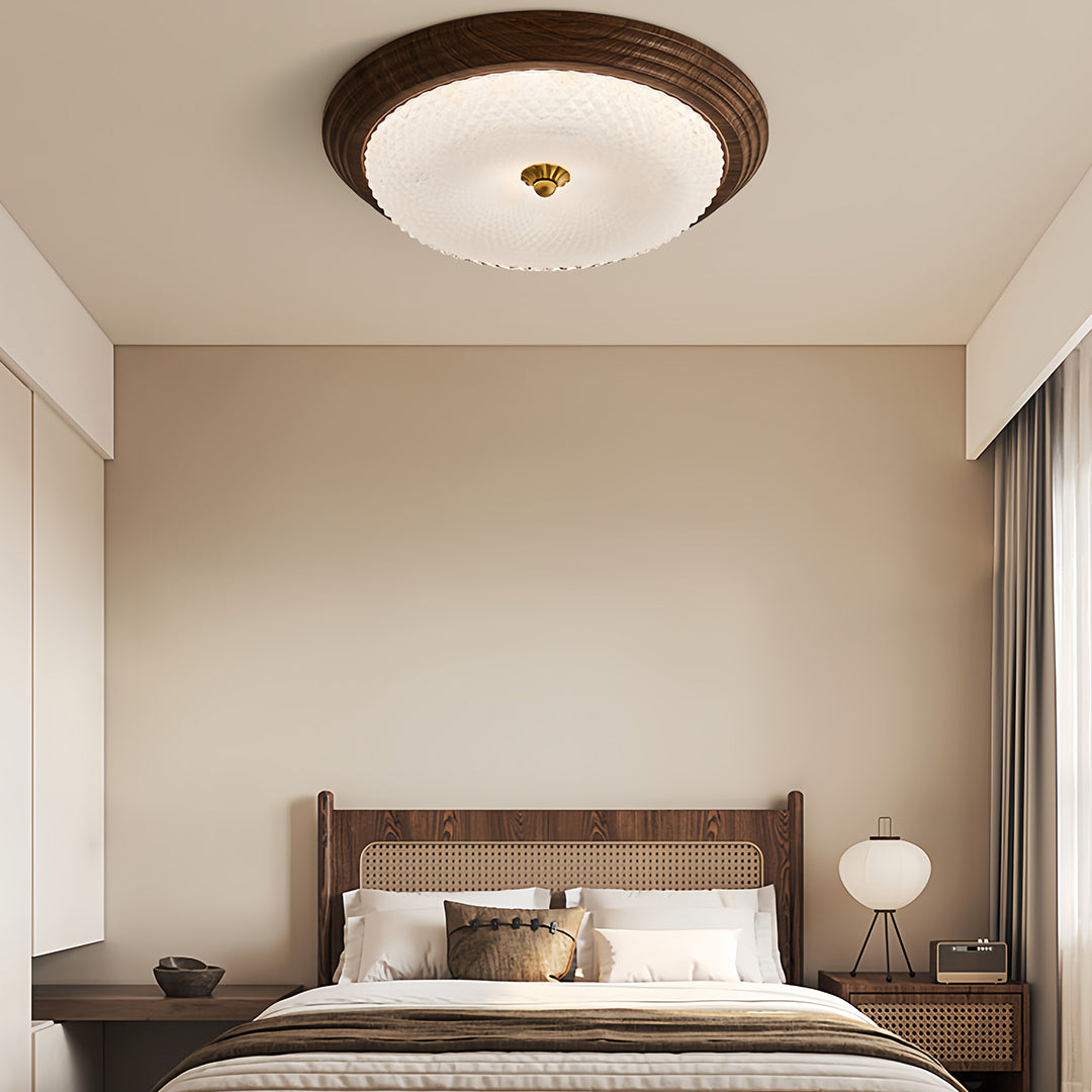 Art Deco Flush-Mount Ceiling Light — Walnut-Tone Iron, Transparent Glass, Full-Spectrum LED, 3-Step Dimming (3000K/4500K/6000K)