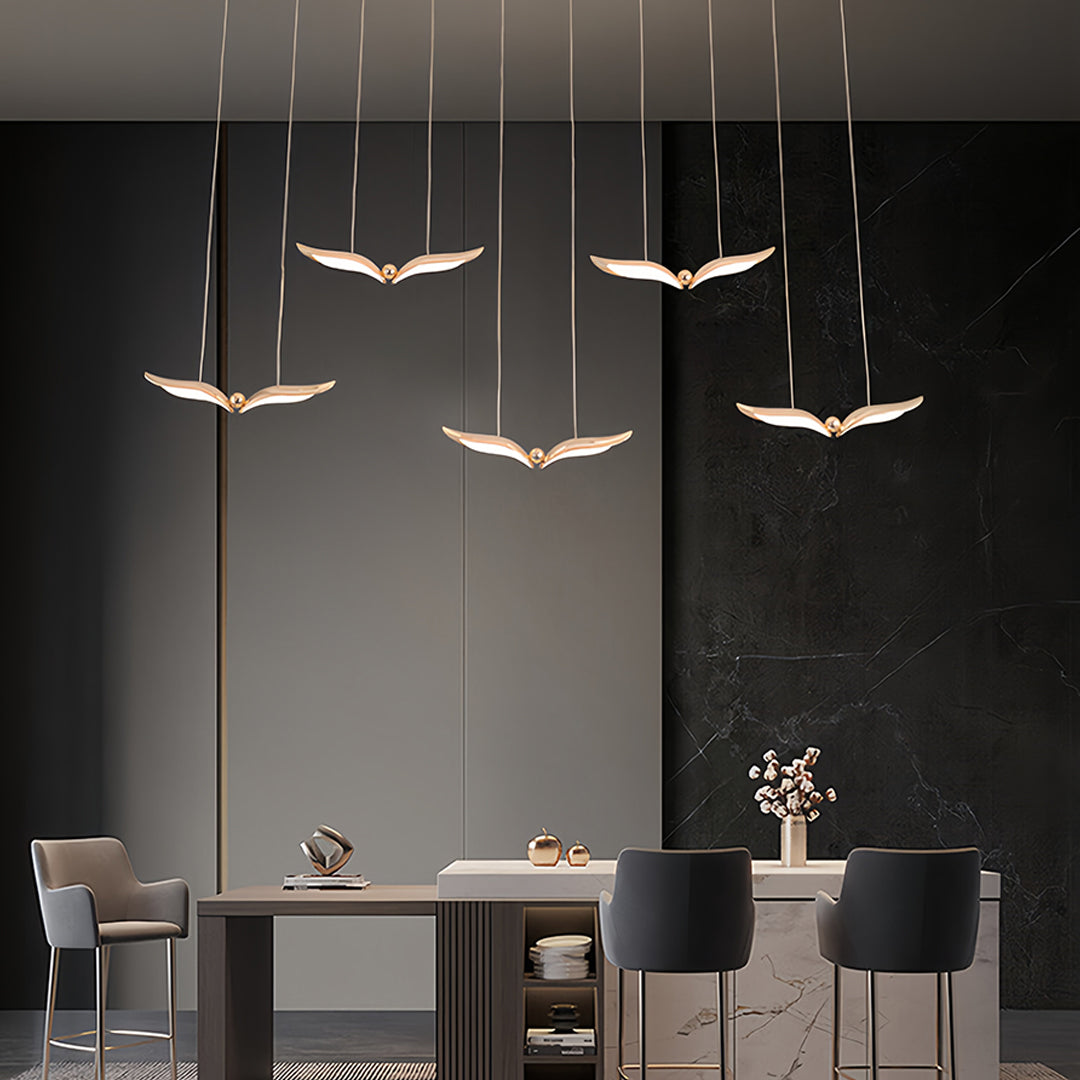 Seagull Multi-Light Pendant — Rose Gold Iron, Acrylic 3D Shadow, 1-, 3-, or 5-Head LED, Dual Color Temperature
