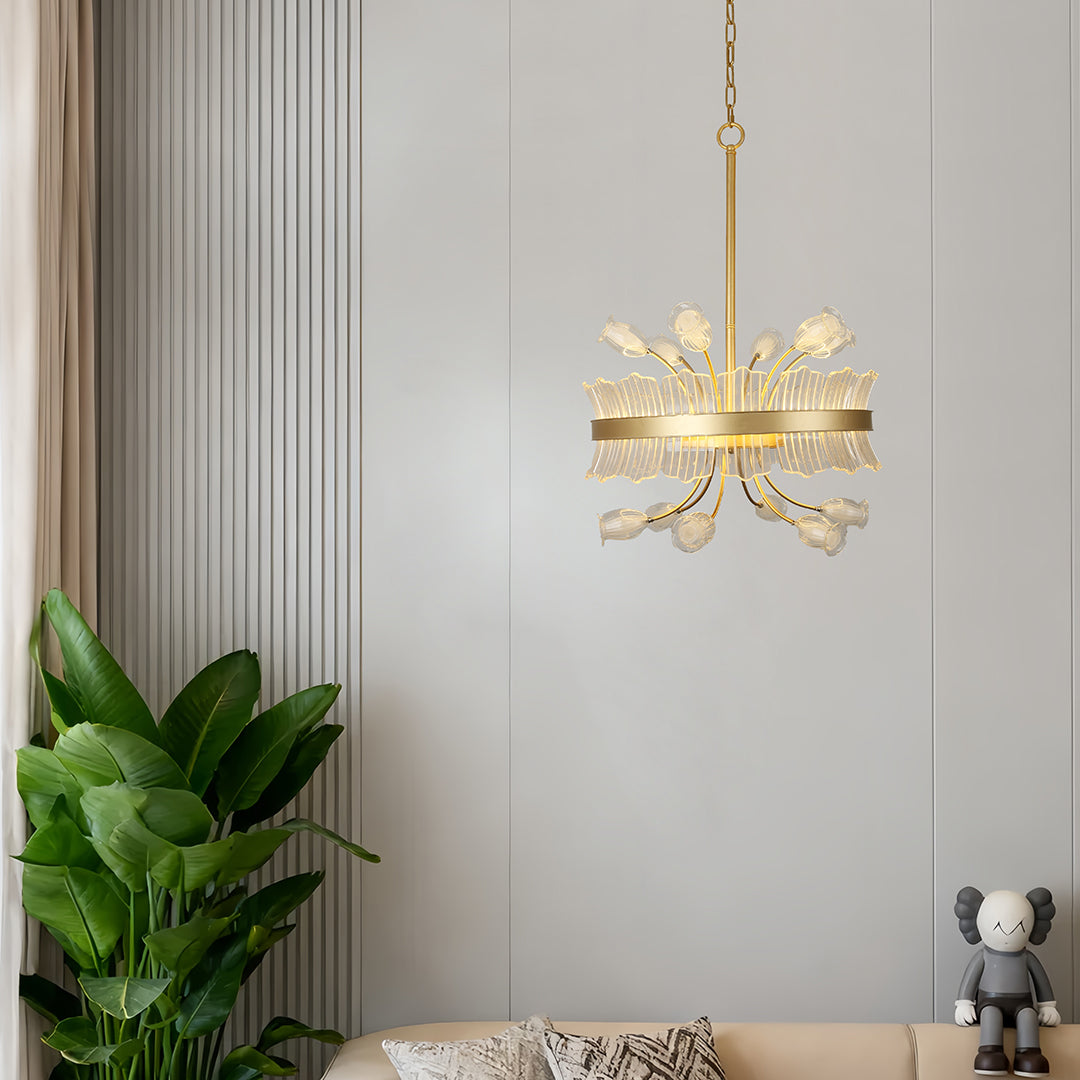 Blossom Chandelier — Gold-Plated Metal with Crystal Glass, 25W LED, 3000K, Adjustable 1.8m Cord, 20.5"