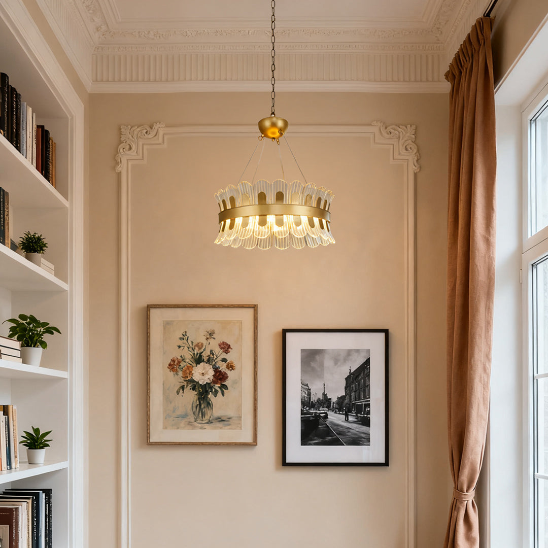 Round LED Chandelier — Gold-Plated Metal, Acrylic & Glass Shade, 25W 3000K, 23.6" Diameter, Adjustable Suspension