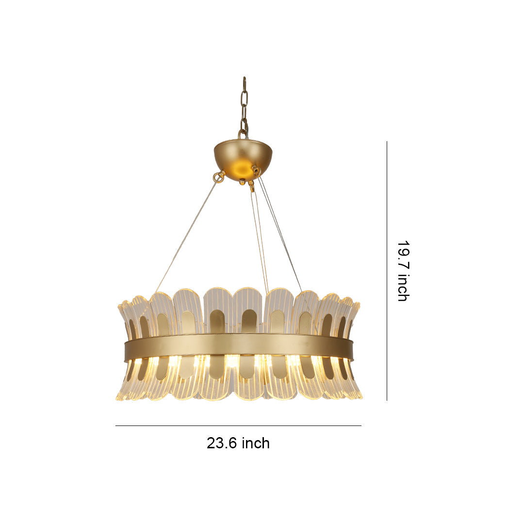 Round LED Chandelier — Gold-Plated Metal, Acrylic & Glass Shade, 25W 3000K, 23.6" Diameter, Adjustable Suspension