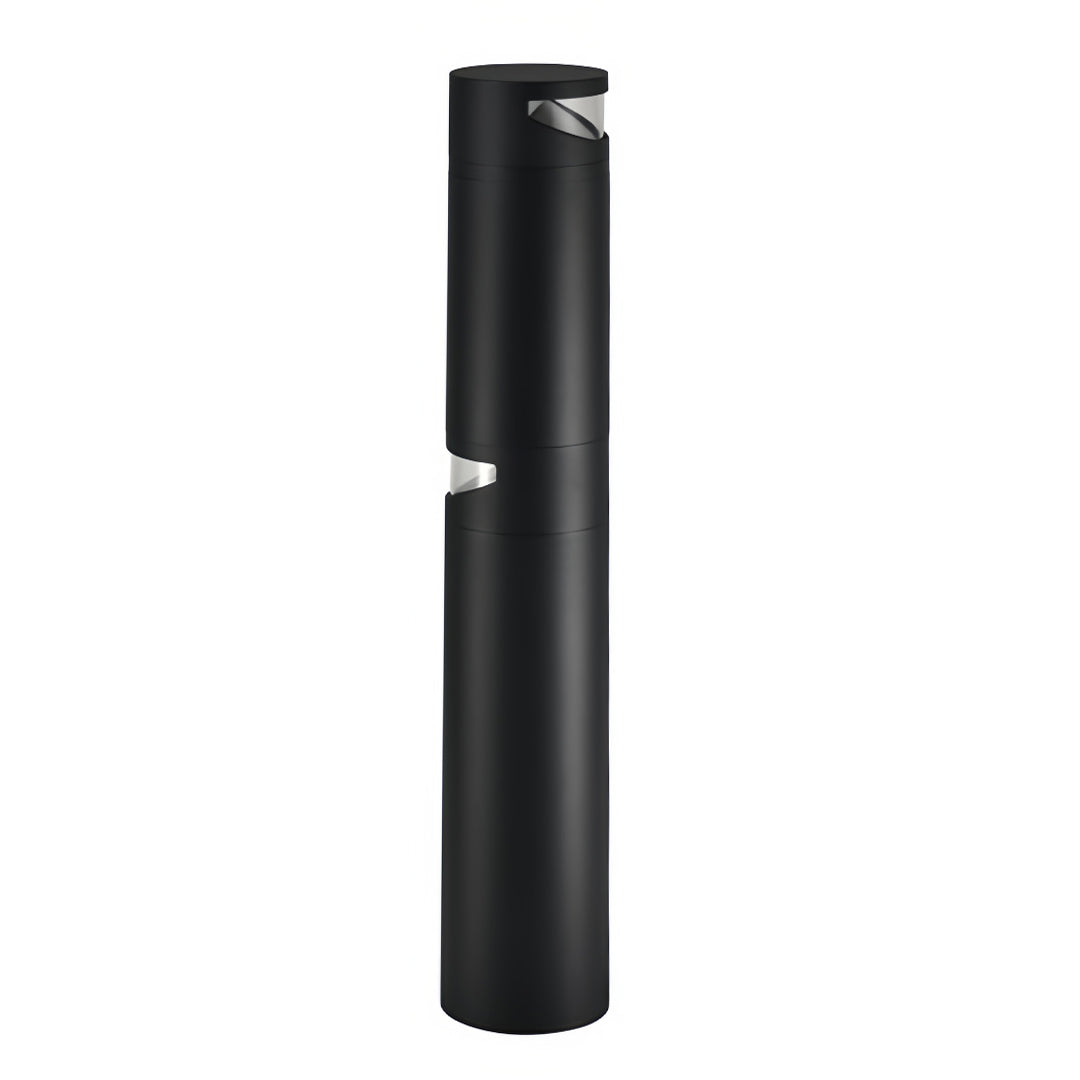 Cylindrical Outdoor Bollard Pathway Light — Black Metal, Clear Glass, LED, 10W / 20W Dual-Head, IP65, 3000K Warm White