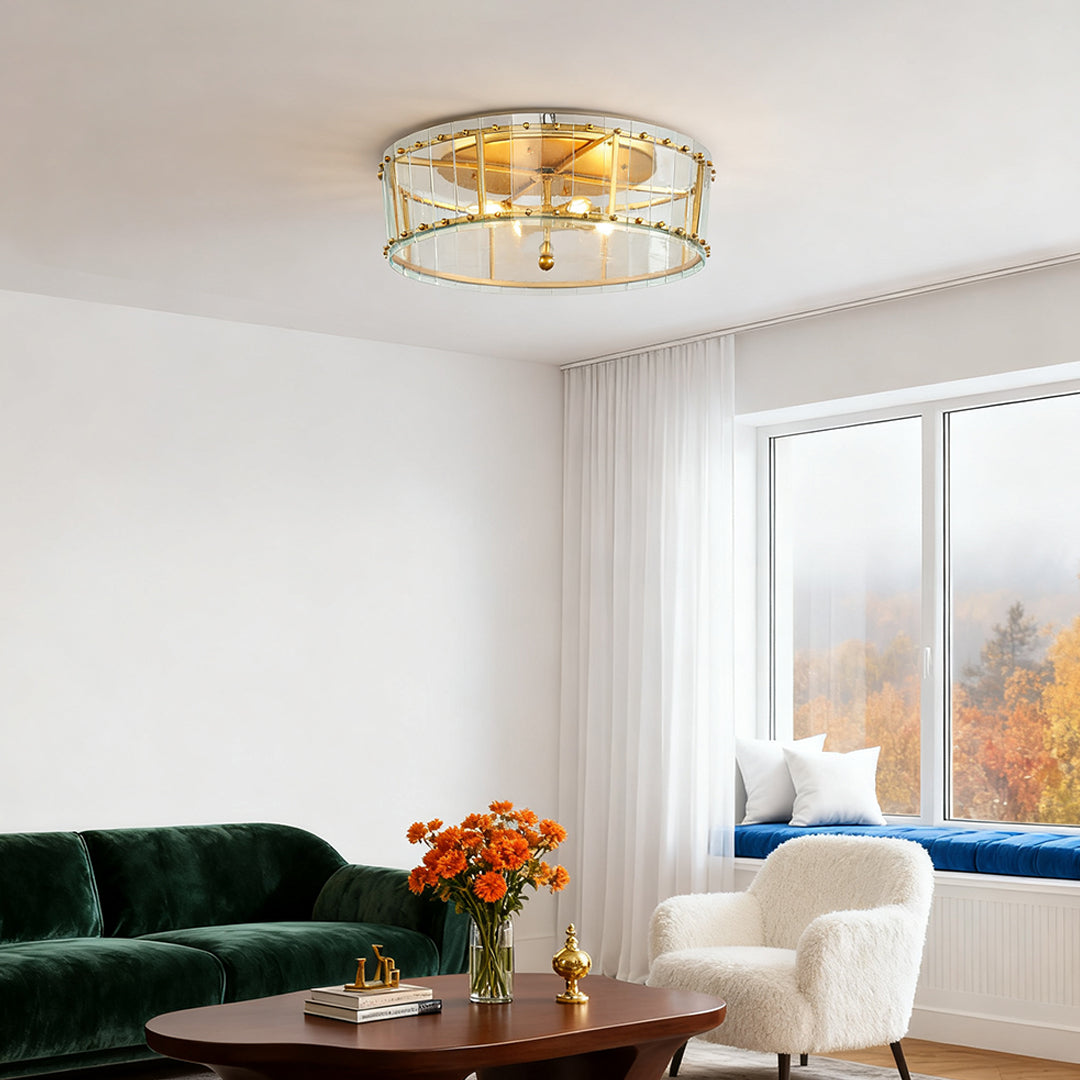Round Geometric Flush-Mount Ceiling Light — Gold, Transparent Glass Shade, E12 Multi-Light, 24"