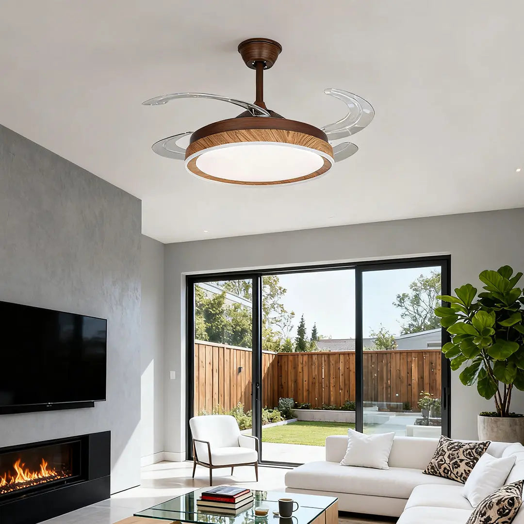 Silent Ceiling Fan with 4 Lights and Walnut Wood Grain Iron Body Luxe